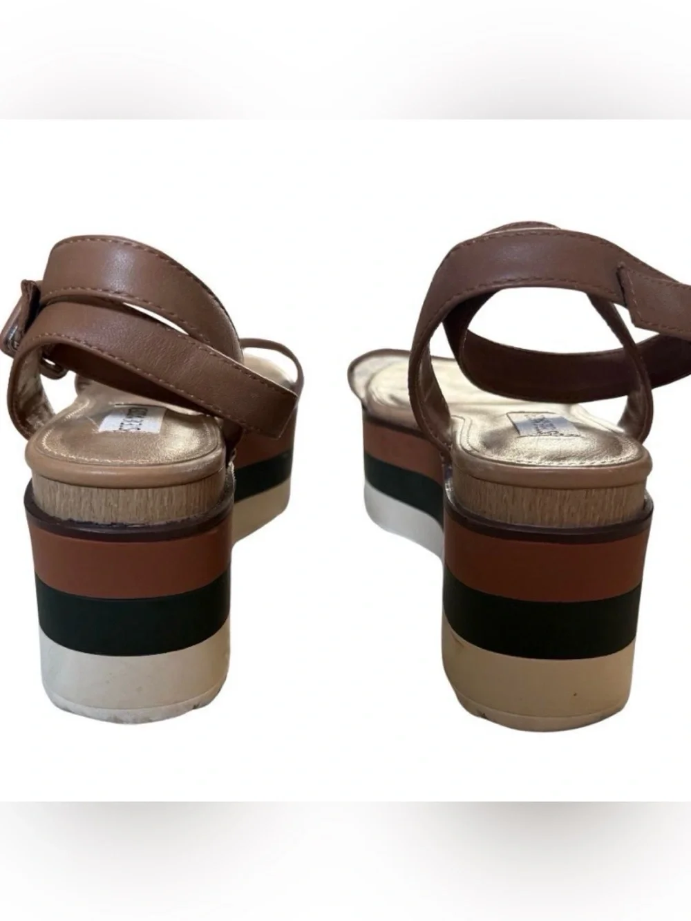 Steve Madden Brown platform sandals with hunter green and white striped sole - Picture 2 of 3